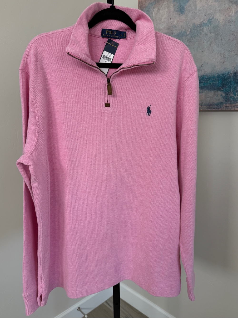 New Polo Ralph Lauren Mens Large Quarter Zip Sweater Hampton Pink Navy Pony NWT